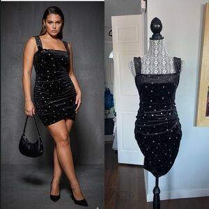 NWT Plus Size Black Velvet Side Ruched Celestial Silver Starry Dress. 1XL